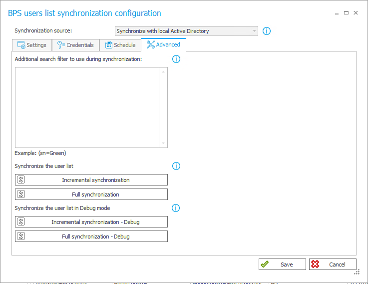 The image shows BPS users list synchronization configuration